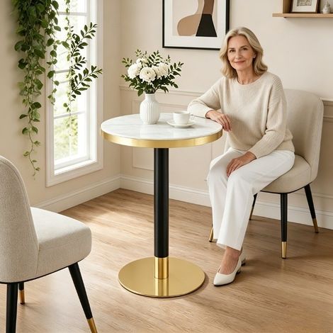 Table d'appoint ronde effet marbre, plateau MDF blanc avec bord doré, piètement métal noir ou or, idéale en bout de canapé, chevet ou balcon CHICFURN (1/5)