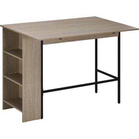 Îlot central table de bar avec plateau rabattable et 3 étagères, gris clair 120x76x91,4 cm (1/5)