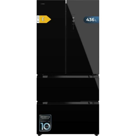 Cecotec Frigorífico Puerta Francesa 436L - Bolero CoolMarket FD 436 Black Glass E. 183cm Alto y 83,6cm Ancho, Compresor Inverter Plus, Total No Frost, Alarma Puerta Abierta, Fast Cooling y Freezing