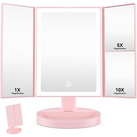 Miroir Maquillage Lumineux avec Grossissement 10x /5X /1x, Rose rotatif à 180 °, 68 lumières LED, 3 couleurs réglables, miroir de table avec rangement des cosmétiques pour chambre et bureau (1/5)