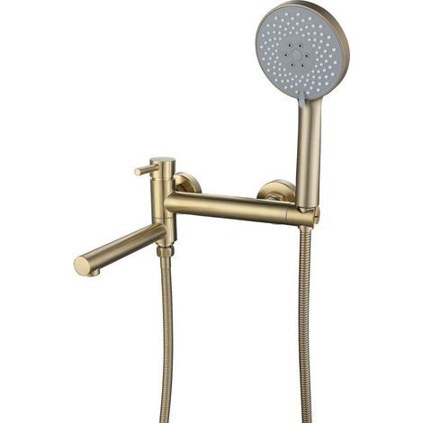 Wall-mounted bath faucet with hand shower, wall-mounted shower mixer, 90° swivel spout, brushed gold