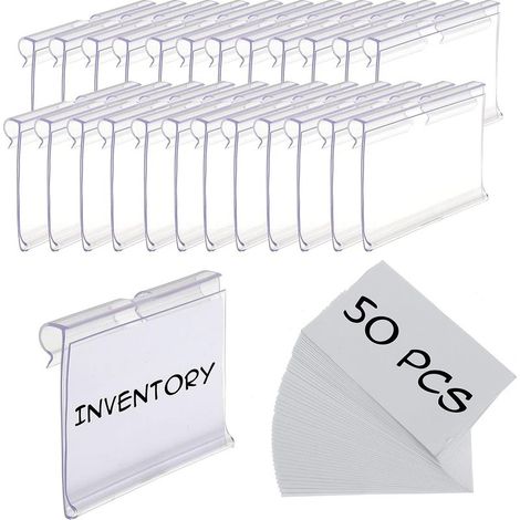 50 supports d'étiquettes pour bacs de rangement, clip en plastique transparent, 7 x 4,2 cm, pour étagères métalliques et paniers (1/5)