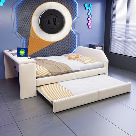 Lit gigogne enfant 140x200 cm en velours beige, bureau USB, gain de place, sans matelas – MEUBLIV (1/5)