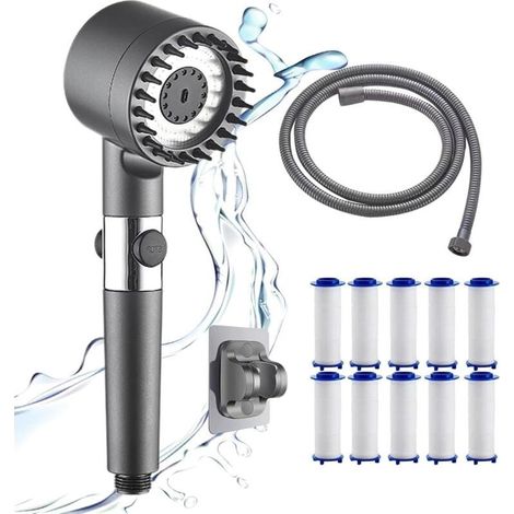 Pommeau de douche anticalcaire, pommeau de douche haute pression, pommeau de douche filtré avec filtre, douchette à main avec 4 modes de jet, gris clair (1/4)
