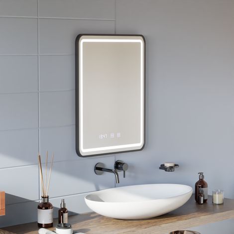 Miroir LED Desembuage Horloge Temperature 60x80 Cadre Noir Brosse (1/5)