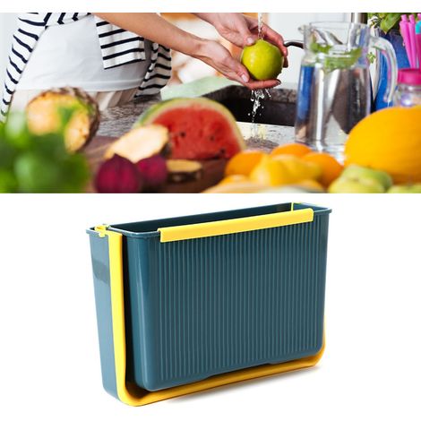 Poubelle de cuisine murale carrée télescopique pliable en silicone, bleue, à ouverture sur le dessus (1/5)
