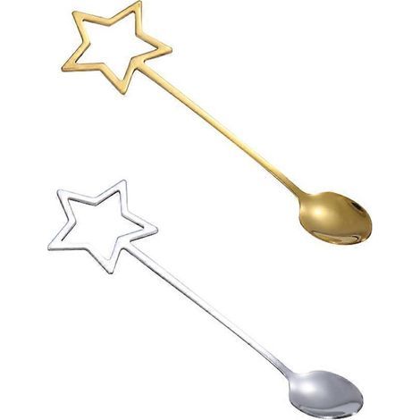 Lot de 2 cuillères à dessert en acier inoxydable, cuillères à café et à glace creuses en forme d'étoile-14.50X2.00X0.20CM-Silver (1/4)