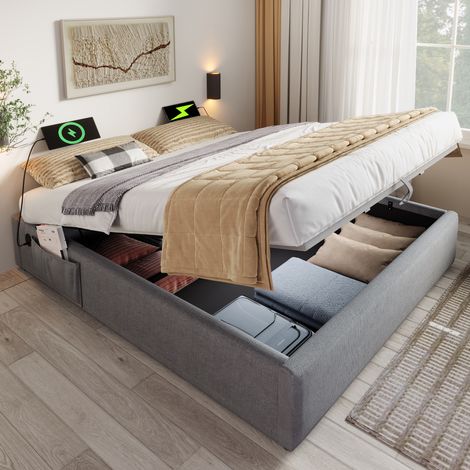 Stauraumbett 140/200 cm grau aus Baumwoll-Leinen mit USB-C und vollflächigem Bettboden (1/5)