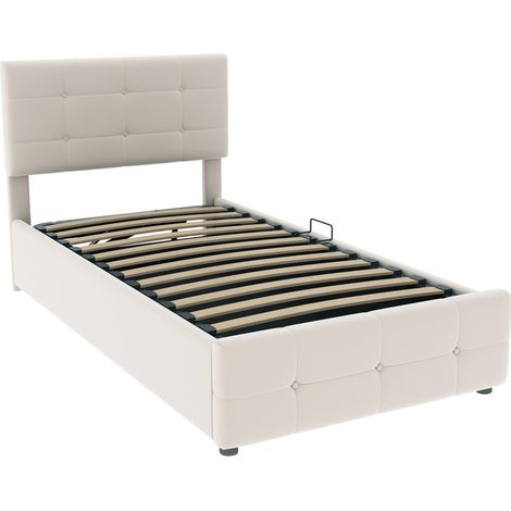 Cama infantil tapizada 90 x 200 cm con almacenaje hidráulico, cabecero ajustable, terciopelo beige (1/5)