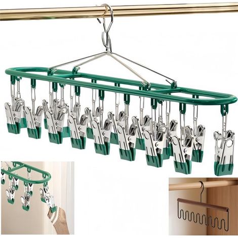 Tendederos metálicos con pinzas，de acero inoxidable，para ropa y calcetines，con 20 pinzas，ropa infantil y ropa interior. (Verde，1 unidad) (1/2)
