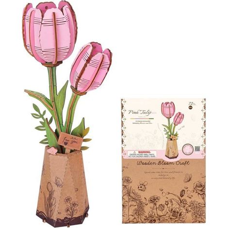 KLVGTIFS PU - Fleurs Artificielles Deco,Puzzle 3D Bois, Construction Adulte,Cadeaux Anniversaire Femmes pour la Saint-Valentin (Tulipe Rose) (1/5)