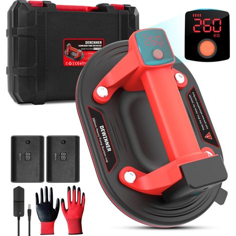 Ventouse électrique à vide 10" robuste Lot de 1 ventouse + 2 batteries, charge utile 260 kg aspiration automatique transport carreaux marbre aquarium