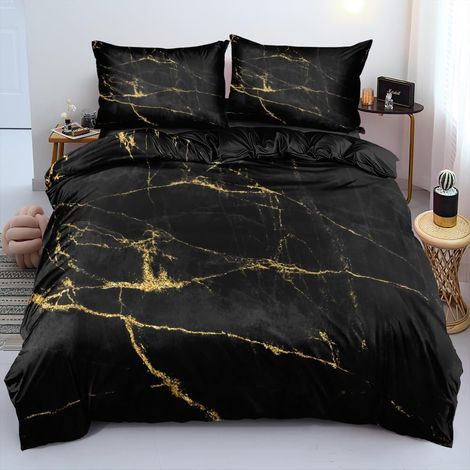 Parure de lit 135 x 200 cm en microfibre avec housse de couette et 1 taie d'oreiller 80 x 80 cm avec fermeture éclair - Noir et doré - Impression 3D (1/5)