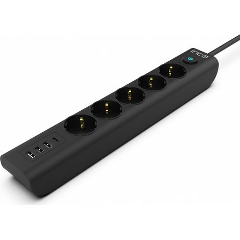 INCA Steckdosenleiste IPW-44TU 5 fach, 3xUSB-A+1xUSB-C, Überspannungsschutz 1,5m schwarz