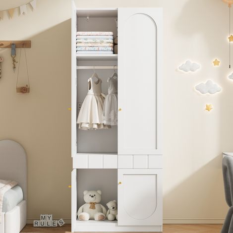 Kleiderschrank aus MDF in Weiß, 80 x 50 x 200 cm, 2 Türen, Druckschubladen und Kleiderstange (1/5)