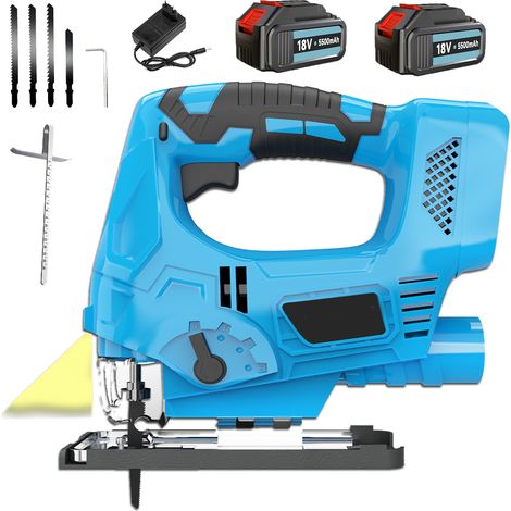 Zubehör für Stichsägen, bürstenloser Akku-Stichsägenschneider zum Schneiden von Holz, 4 Sägeblätter, 4 Geschwindigkeiten, 0°-45°, LED-Arbeitsleuchte, 2x 5,5A Akku+Ladegerät, kompatibel mit Makita-Akku (1/5)