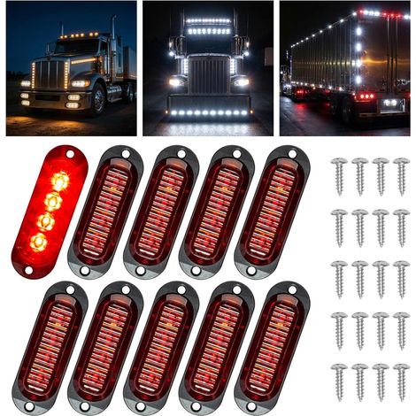 10 Feu de Gabarit Remorque LED 12V/24V, Feux de Gabarit Étanches pour Remorque Camion Bus Caravane Signalisation Latérale 4 LED Feux de Position Universels Homologués Route (Rouge) (1/5)