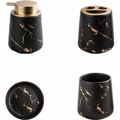 Ensemble de 4 accessoires de salle de bain en céramique marbrée - Distributeur de savon, porte-brosse à dents, gobelet, porte-savon - Noir mat