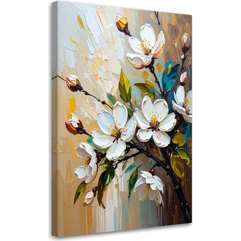 Wandbild für das Schlafzimmer Wohnzimmer Weiße Blumen Ölfarbeffekt 70x100 cm (1/5)