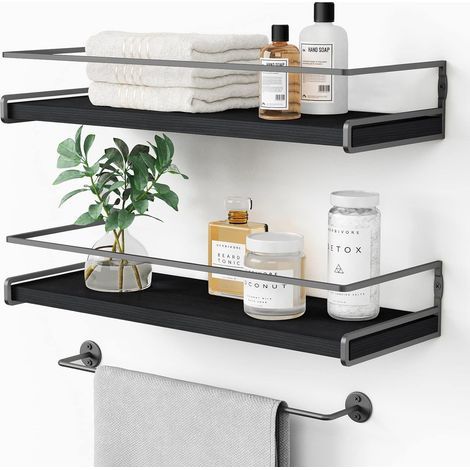 Mensole da parete Forbena nere per bagno (set da 2), porta spezie da cucina, mensole da parete moderne in legno (grigio-nero) (1/4)