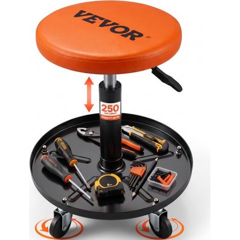 Tabouret d'Atelier Mobile Charge 113,4 kg Tabouret de Mécanicien à Roulettes Lisses Siège d'Atelier Hauteur Réglable avec Plateau à Outils Cadre Robuste Assis Rembourré Confortable Garage Auto (1/4)