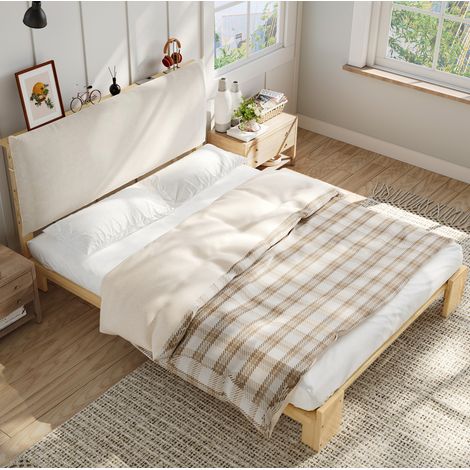 Letto adulto 140x200 cm con rete a doghe e piedi letto allargati, in legno e tessuto naturale, materasso non incluso (1/5)