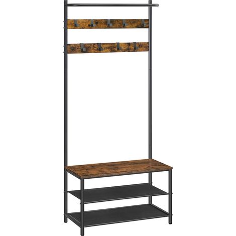 Perchero de pasillo de 32,2 x 64 x 180 cm con banco y estante para zapatos 9 ganchos extraíbles barra para colgar ropa para recibidor/dormitorio estilo industrial marrón rústico y negro 120006391 (1/4)