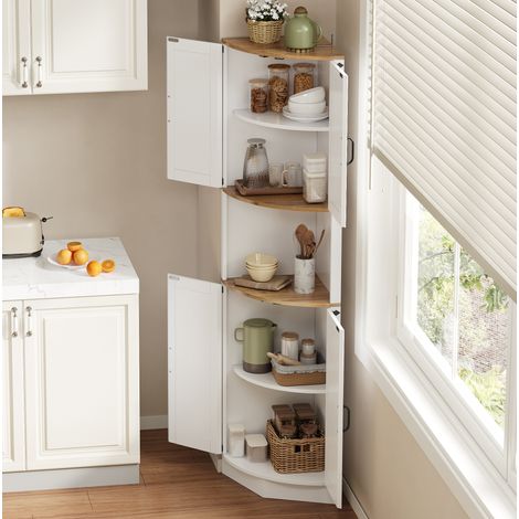 Armario esquinero (39.5x39.5x180 cm), diseño compacto, 5 compartimentos de almacenamiento, estilo vintage, MDF blanco (1/5)