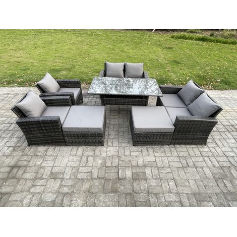 Fimous 8 Seater High Back Outdoor Garden Furniture Rattan Sofa Dining Table Set with Armchair 2 Big Footstool Dark Grey Mixed (1/5)