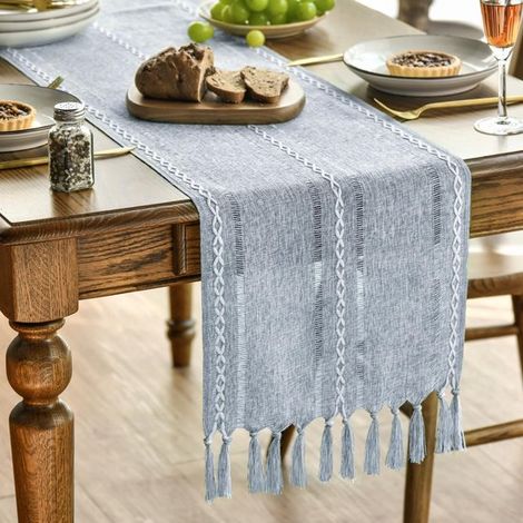 Allecto Tischläufer Landhausstil Staubblau Quasten Dekoration Boho Küchentischdekoration Hochzeit Geburtstag Abendessen 33 x 183 cm (1/5)