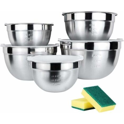 QORVA-18/10 Bol Inox, Lot de 5 avec Couvercles, Bol à Soupe, Saladier, Bol à Céréales, Bol à Dessert, Snack Bol, Bol à Glace, Bols à Mélanger-Fei Yu