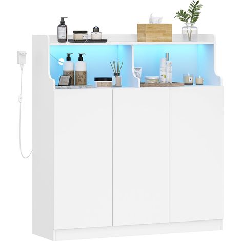 Meuble Salle de Bain, Meuble de Rangement avec Éclairage, Armoire sur Pied avec 3 Portes, Étagères Réglables à 4 Niveaux, pour Salon, Salle de Bain, Blanc