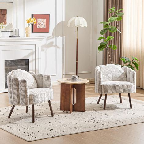 Sessel mit Kissen, Bouclé, Blütenblatt-Rückenlehne, Holzbeine, Beige, 2 Stück (1/5)