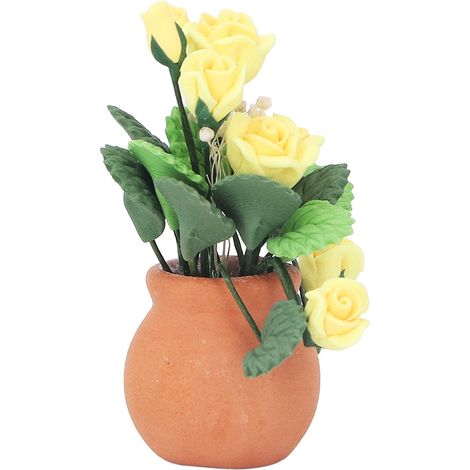 Fleur miniature en céramique pour maisons de poupées, échelle 1:12, rose jaune dans un vase rouge avec des feuilles vertes. Une miniature ravissante et pleine de vie. (1/5)