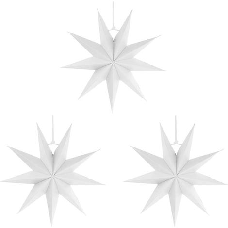 Lot de 3 Lanterne en papier, Étoile 9 branches, Hauteur 30cm, Blanc, Suspension plafond, Décoration mariage Noël (1/5)