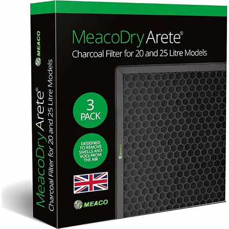 Filtro de carbón activo MeacoDry Arete para deshumidificadores Arete One y Arete Two de 20L y 25L, pack de 3 filtros, elimina olores, mejora la calidad del aire y optimiza el rendimiento. (1/2)