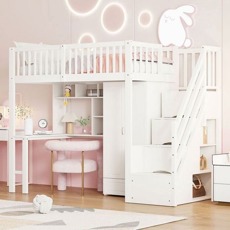 Lit Mezzanine avec Bureau 90 x 200 cm grand meuble étagère rangement dans l’escalier bois blanc (1/5)