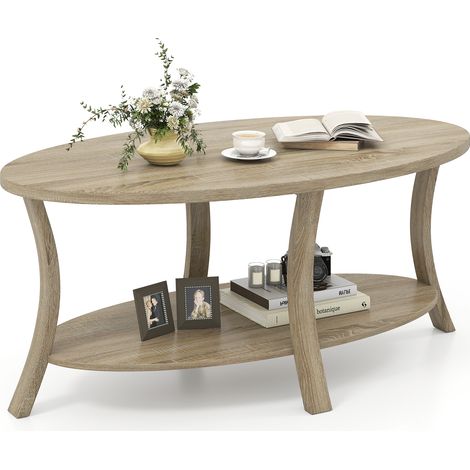 Costway – Table basse ovale 2 niveaux en bois d'hévéa – Étagère de rangement ouverte – Charge jusqu'à 160 kg – Dimensions 111x60,5x47 cm (1/5)