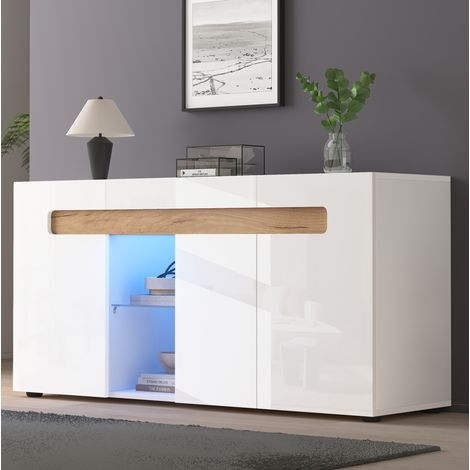 Aparador 140x40x70 cm de paneles de madera blanco con almacenaje para salón -FLORAGRACE (1/5)