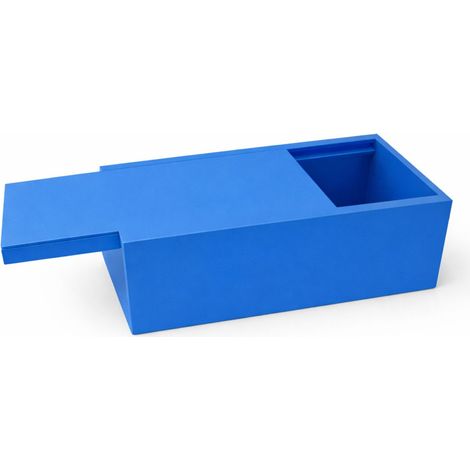 Caja organizadora azul con tapa deslizante para objetos pequeños.