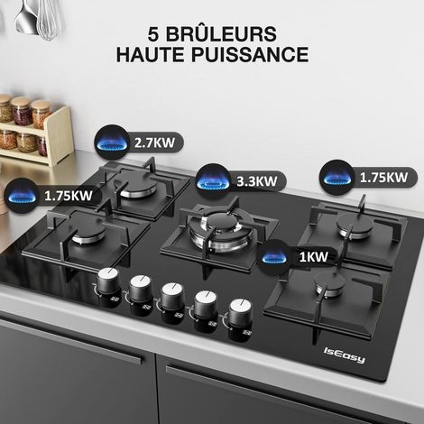 Iseasy – Plaque de cuisson gaz 5 foyers encastrable – Allumage par impulsion – Verre trempé et fonte – Compatible gaz naturel et propane