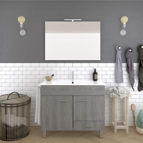 CONJUNTO MUEBLE DE BAÑO CON DOS ARMARIOS Y UN CAJON CON LAVABO, ESPEJO Y TOALLERO GRIS CENIZA 80CM (1/5)