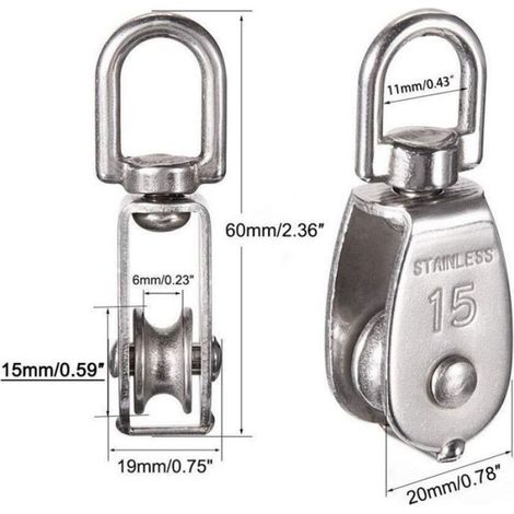 M15 Poulie Simple en Acier Inoxydable 304, 15MM Seul Poulies Bloc Rouleau, Corde Câble Chargement 77lbs/35Kg (6 Pièces) (1/4)