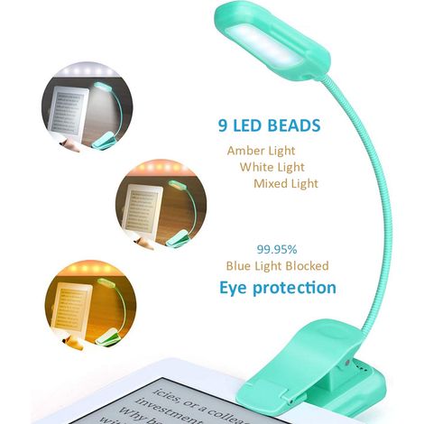 Lampe de lecture à pince vert menthe 9 LED rechargeable Type‑C,3 températures de couleur,3 niveaux de luminosité,anti‑lumière bleue,col 360°,lampe de livre voyage (1/5)