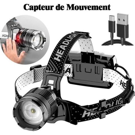 Lampe Frontale LED Rechargeable,Super Lumineux 50000 Lumens 6 Modes LED,Capteur et Lumière Rouge,Rechargeable par USB 7800 mAh