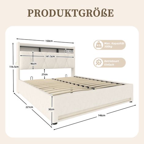 Cadre de lit capitonné 140x200 cm, sommier hydraulique Beige avec éclairage LED, prise USB-C, coffre de rangement intégré sous le lit et tête de lit avec étagères, livré sans matelas