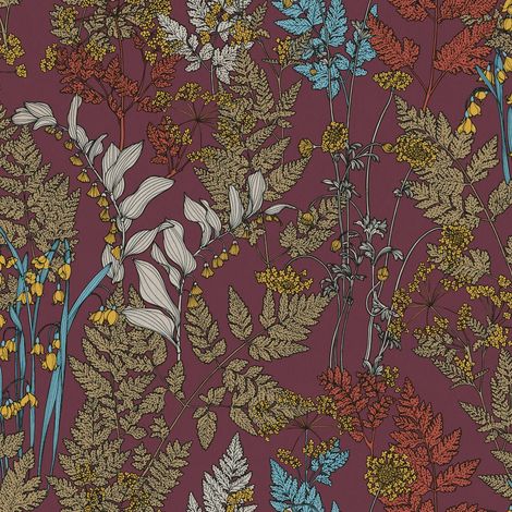 Blumen Tapete Profhome 377514 Vliestapete glatt mit floralen Ornamenten matt rot gelb blau braun 5,33 m2