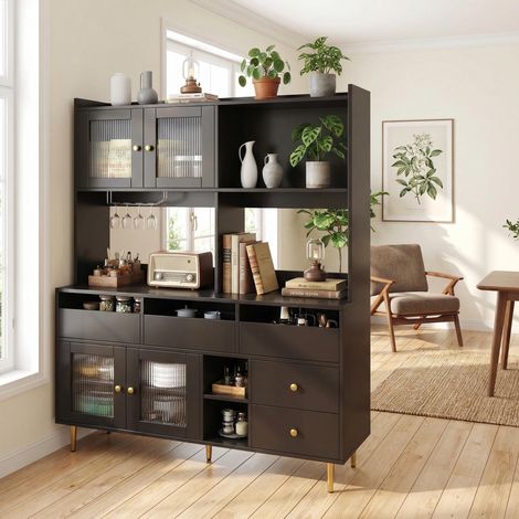 FurnitureR Black Storage Cabinet 145x39x171cm with Glass Door