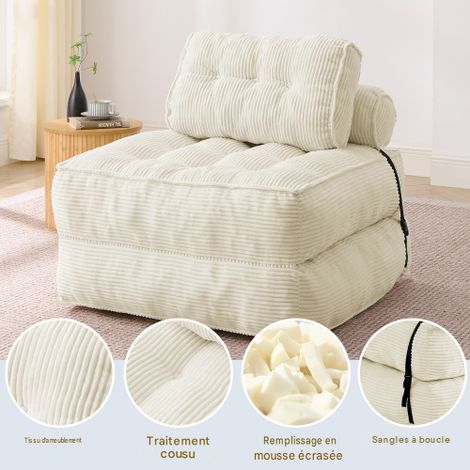 Canapé convertible 2 en 1 fauteuil de sol pliable en velours côtelé beige, dossier à inclinaison ajustable, lit d'appoint confort et chaise longue relax pour salon et chambre (1/5)