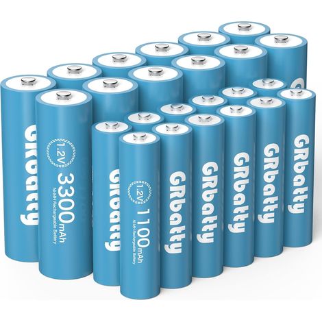 Piles AA et Piles AAA Rechargeables NiMH, 3300mAh/1100mAh 12 AA et 12 AAA, 1,2V, 1200 cycles, Pour télécommandes, horloges murales, réveils, stations météo (1/5)